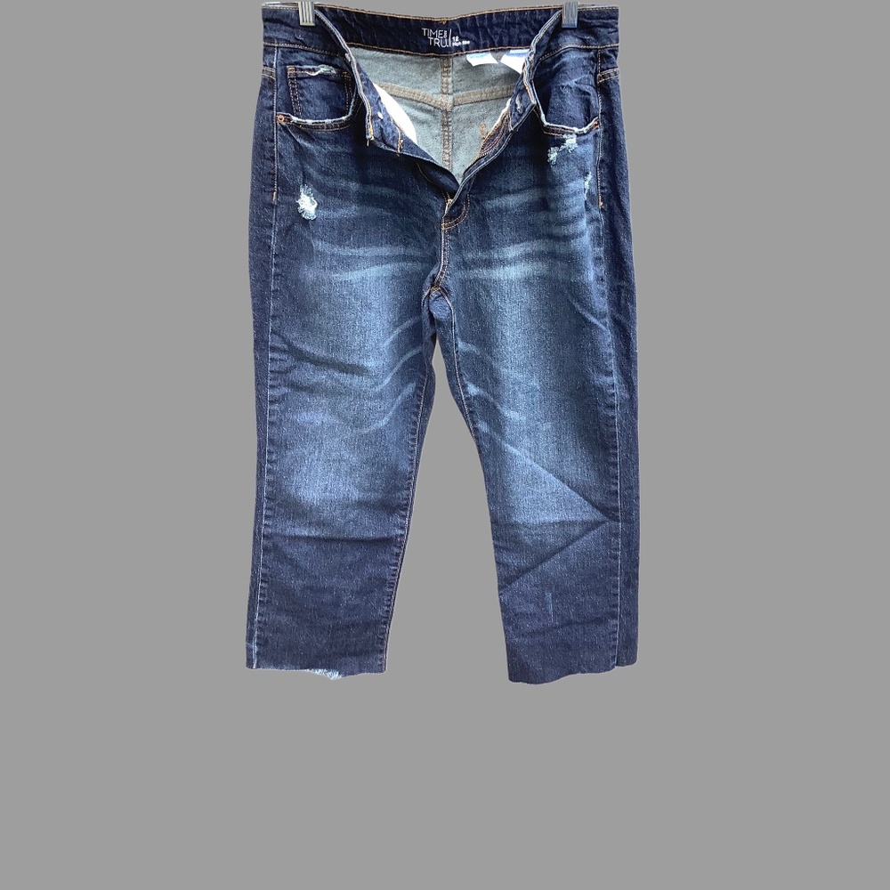 Denim Cropped Distressed Capris. Size 12 * High Rise * By Time and Tru